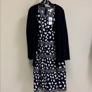 Michael Kors black and white sleeveless dress with Talbots ruffled sweater